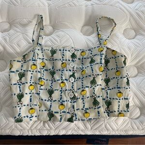 Staud Squareneck linen crop top with spring vegetable pattern size 4